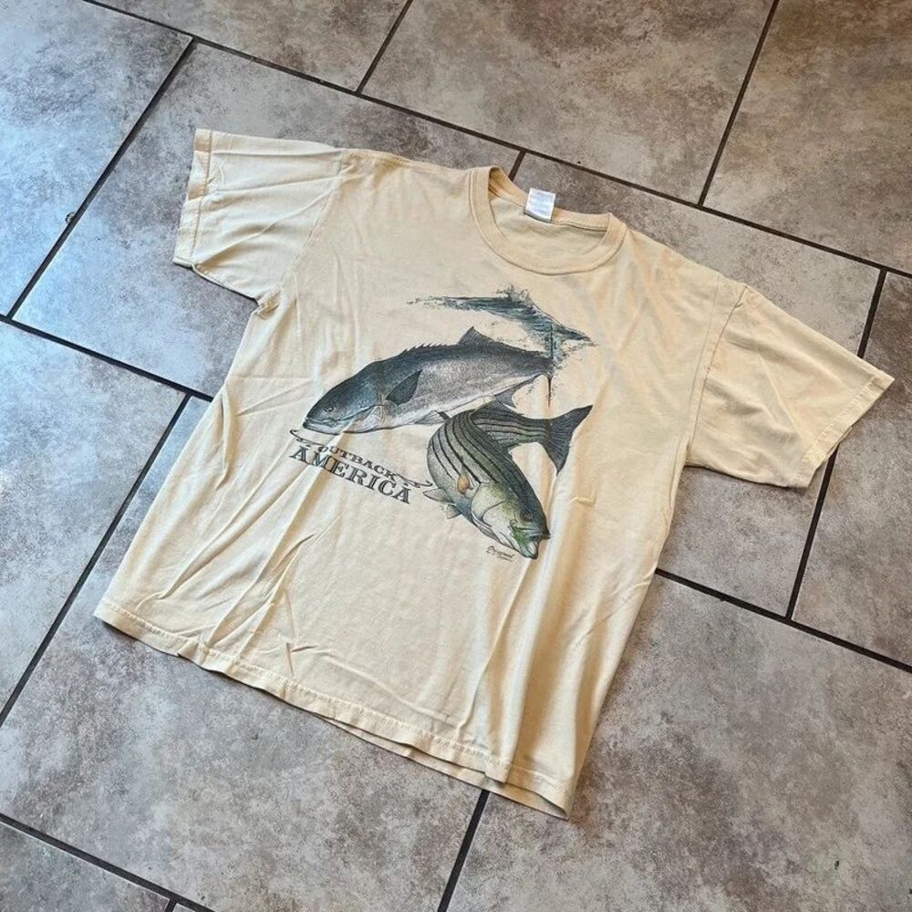 Vintage Outback America Fishing Graphic T Shirt Cream Tan Size Large